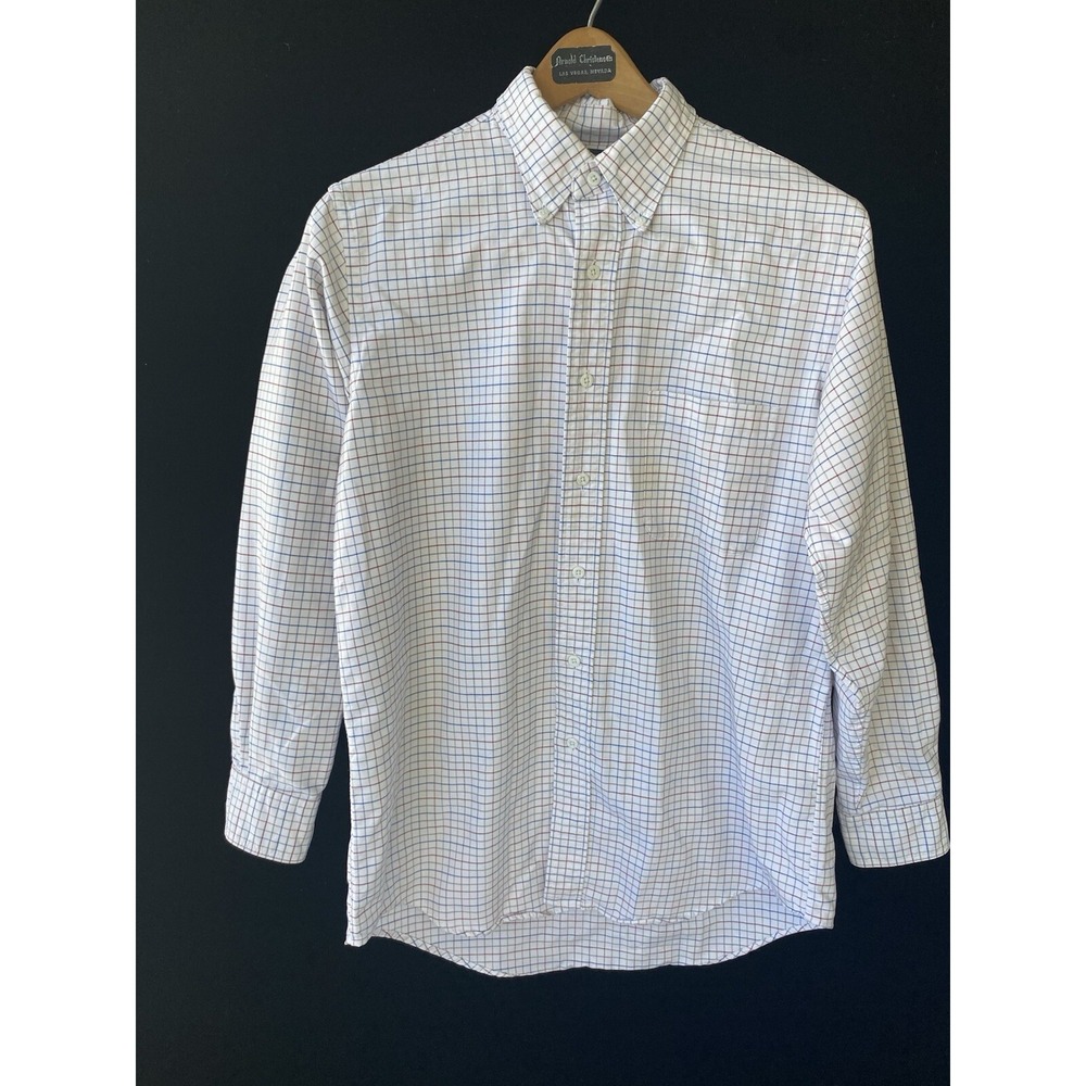 Lands End Shirt Medium 15-15.5 Blue Dress Plaid Cotton Button Up Mens‎
